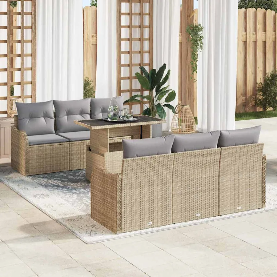 Ensemble de canapé de jardin 7 pcs Beige Poly Rattan