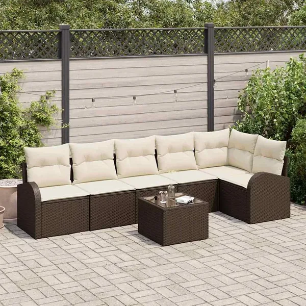 Ensemble de canapé de jardin 7 pcs Marron et blanc polyrotin