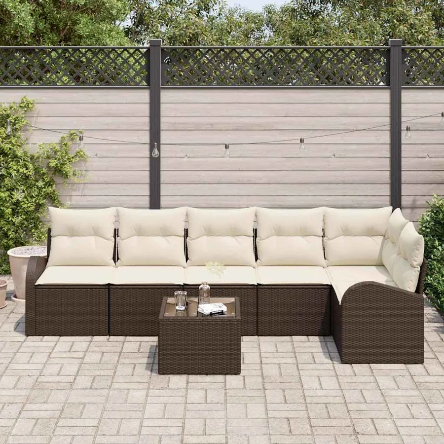 Ensemble de canapé de jardin 7 pcs Marron et blanc polyrotin - 3