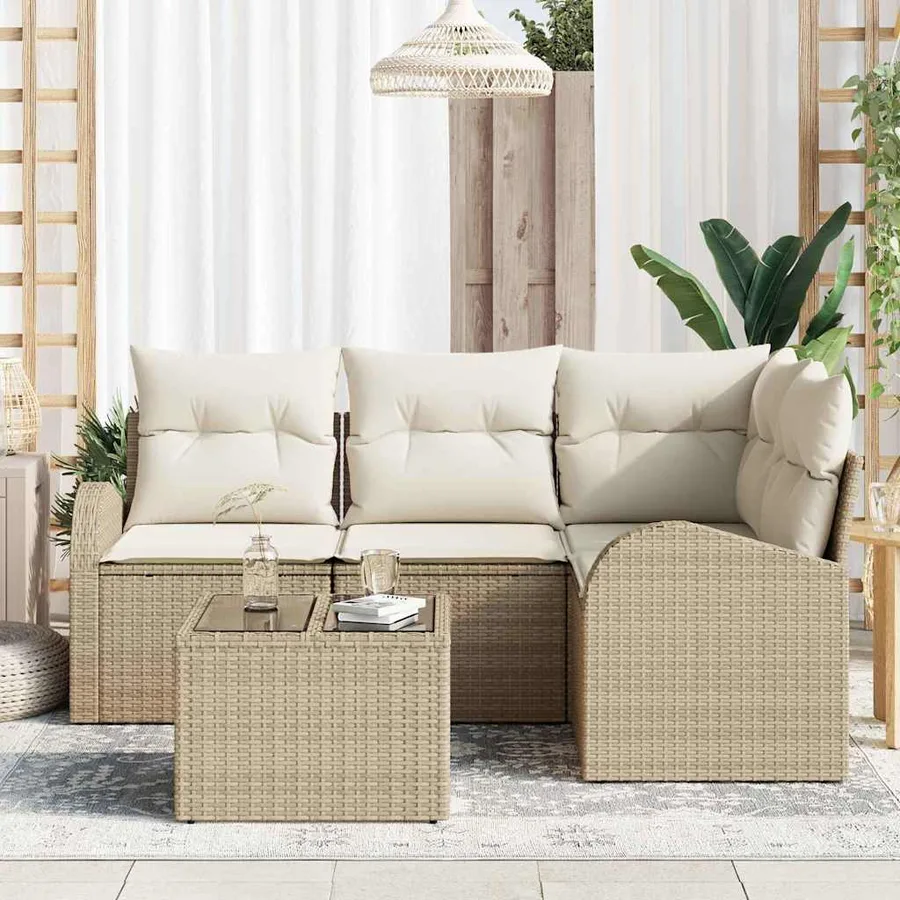 Ensemble de canapé de jardin 5 pcs Beige et blanc polyrotin - 3