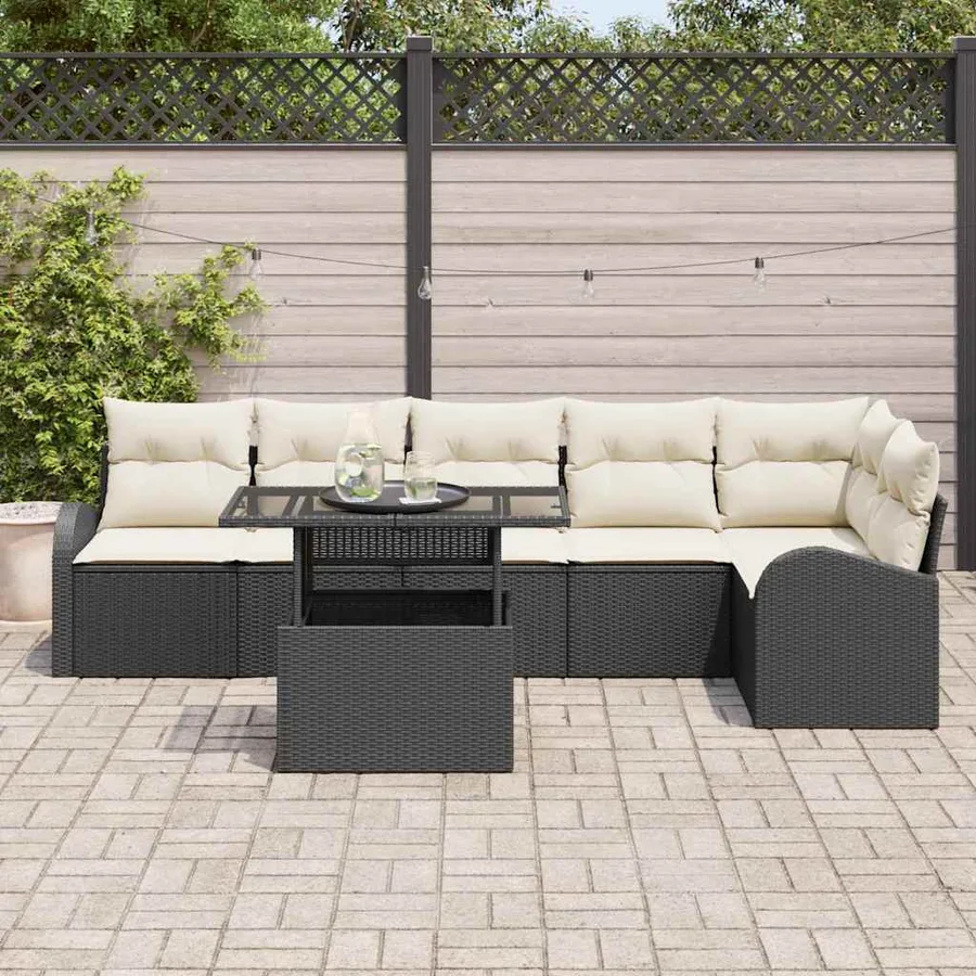 Ensemble de canapé de jardin 7 pcs Noir et crème polyrotin - 3