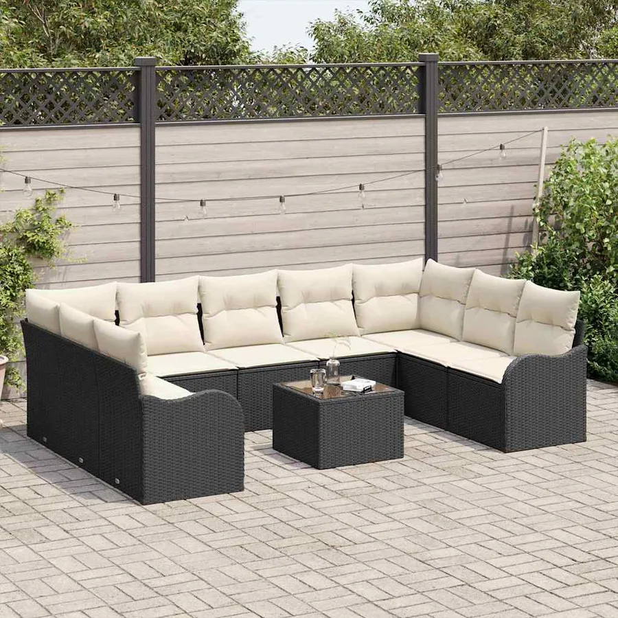 Ensemble de canapé de jardin 10 pcs Noir et blanc Poly rotin - 3