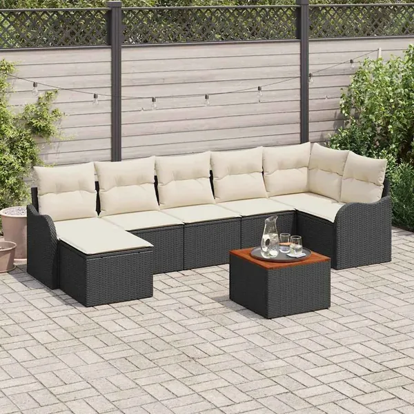 Ensemble de canapé de jardin 8 pcs Noir et Crème polyrotin