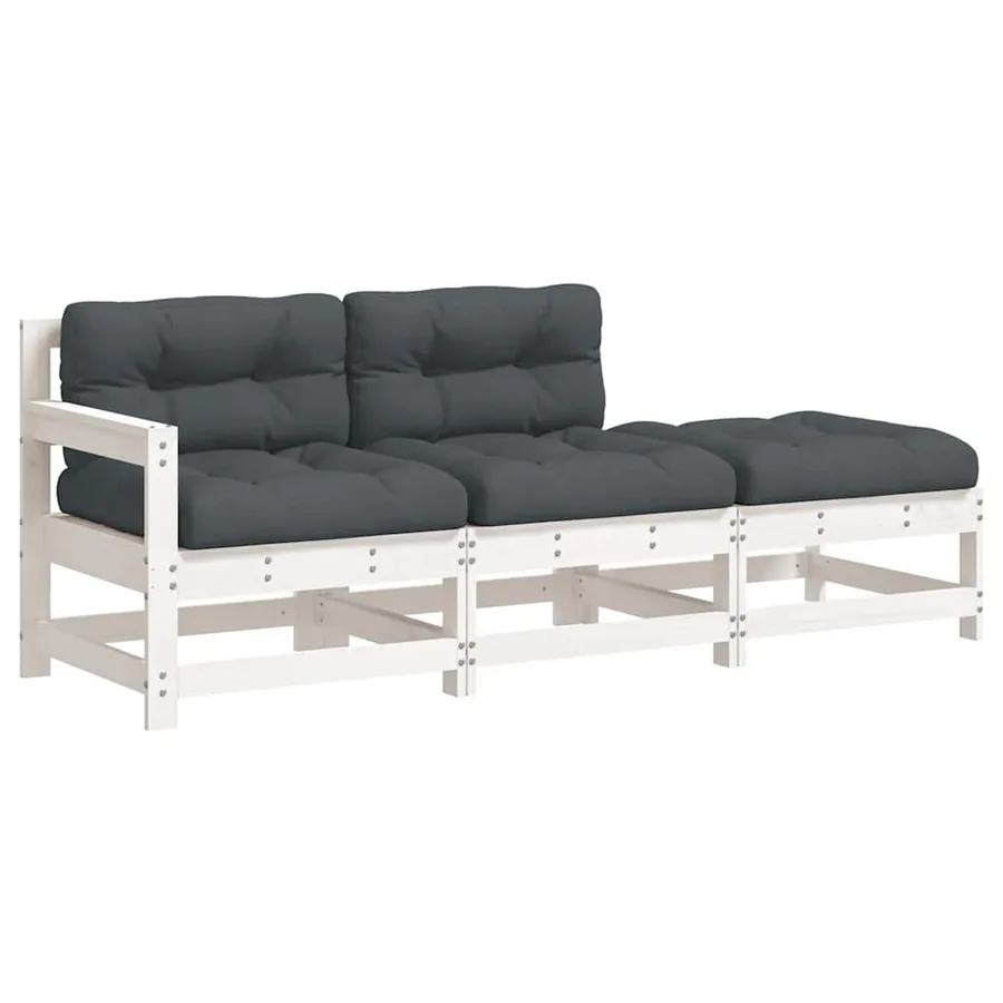 Salon de jardin 3 pcs avec coussins blanc bois massif - 2