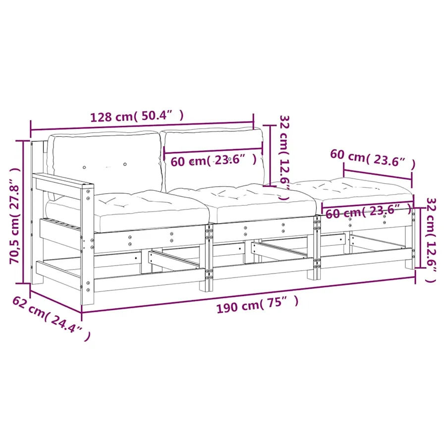 Salon de jardin 3 pcs avec coussins blanc bois massif - 9