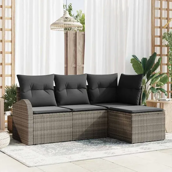 Ensemble de Canapés avec coussin 4 pcs Gris polyrotin
