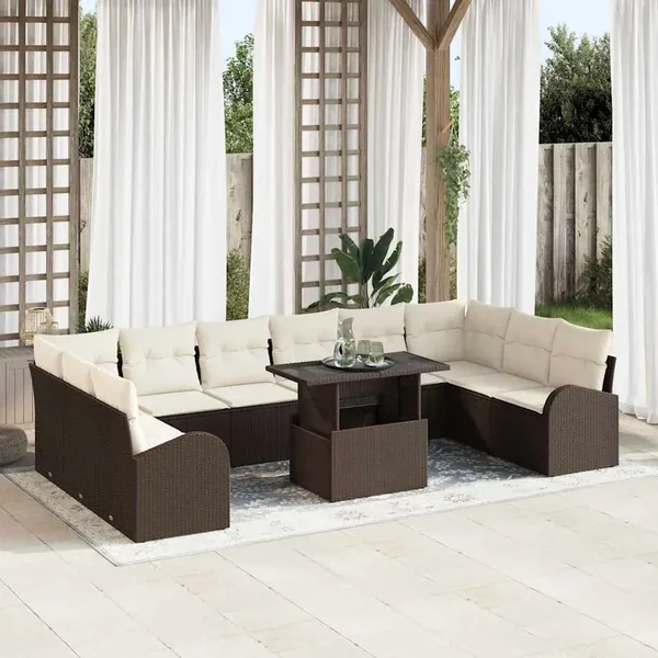Ensemble de canapé de jardin 11 pcs Marron et Crème polyrotin
