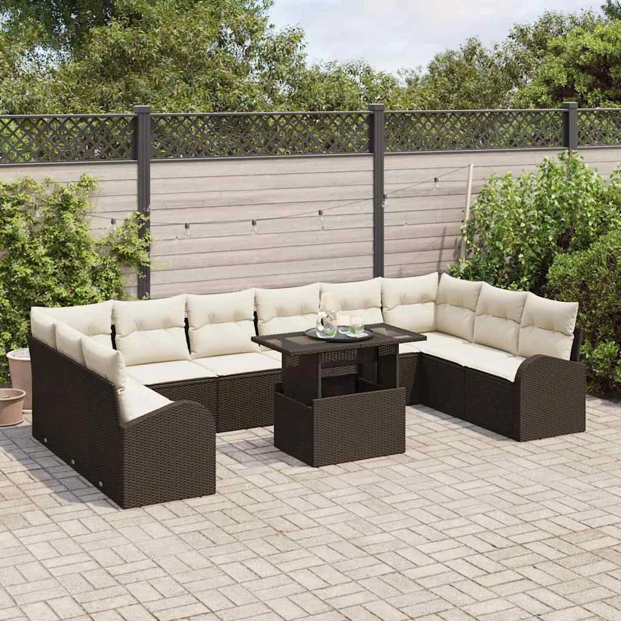 Ensemble de canapé de jardin 11 pcs Marron et Crème polyrotin - 3