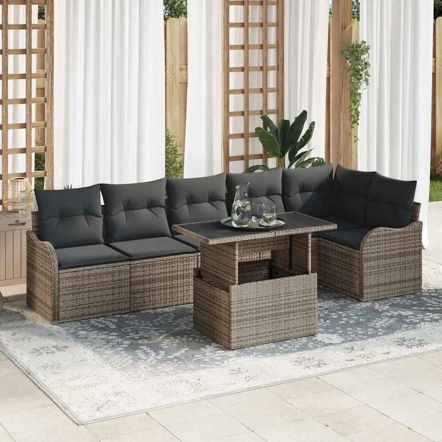 Ensemble de canapé de jardin 7 pcs Gris Poly Rattan