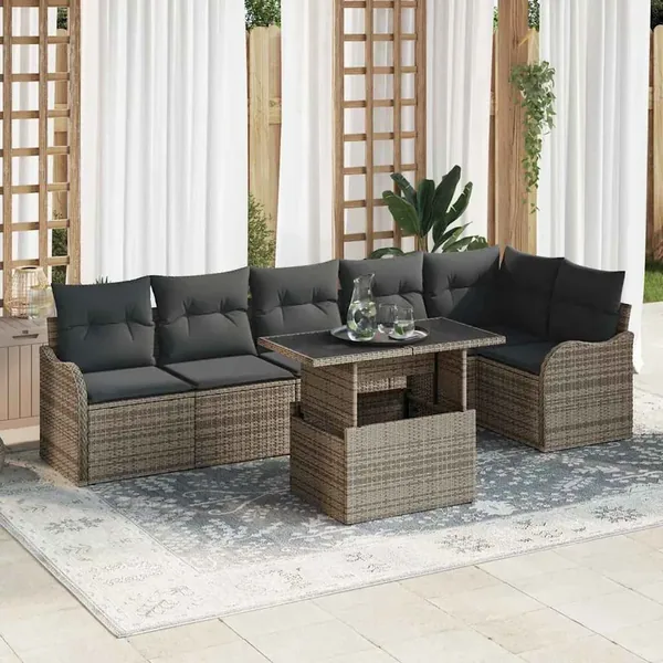 Ensemble de canapé de jardin 7 pcs Gris Poly Rattan