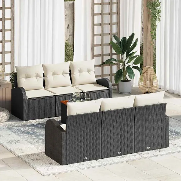 Ensemble de canapé de jardin 7 pcs Noir et Crème polyrotin