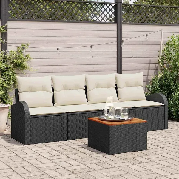 Ensemble de canapé de jardin 5 pcs Noir et Crème polyrotin
