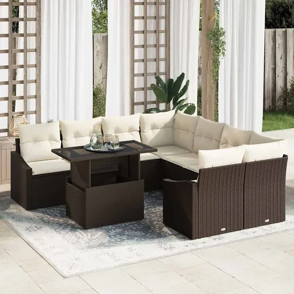 Ensemble de canapé de jardin 9 pcs Marron et Crème polyrotin