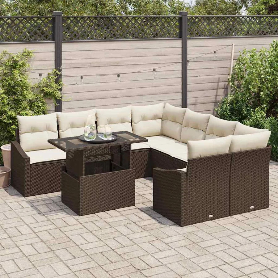 Ensemble de canapé de jardin 9 pcs Marron et Crème polyrotin - 3