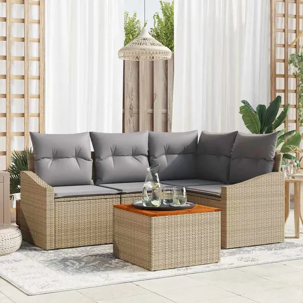 Ensemble de canapé de jardin avec coussin 5 pcs Beige polyrotin