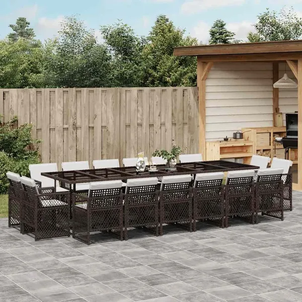 Ensemble à manger de jardin et coussins 17 pcs marron rotin