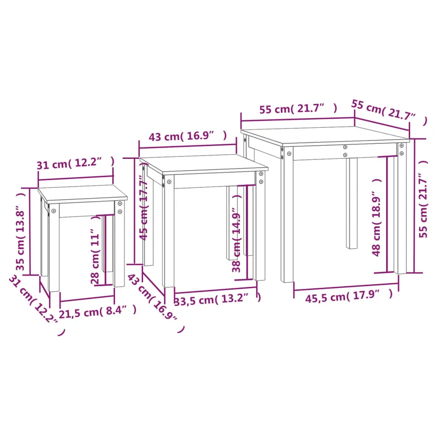 Tables gigognes 3 pcs Blanc Bois de pin massif - 11