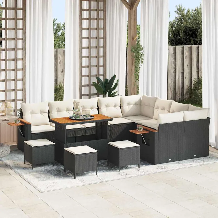 Ensemble de canapé de jardin 14 pcs Noir et Crème polyrotin