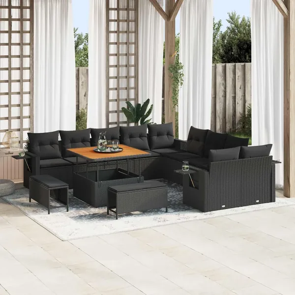 Ensemble de canapé de jardin avec coussin 13 pcs Noir polyrotin