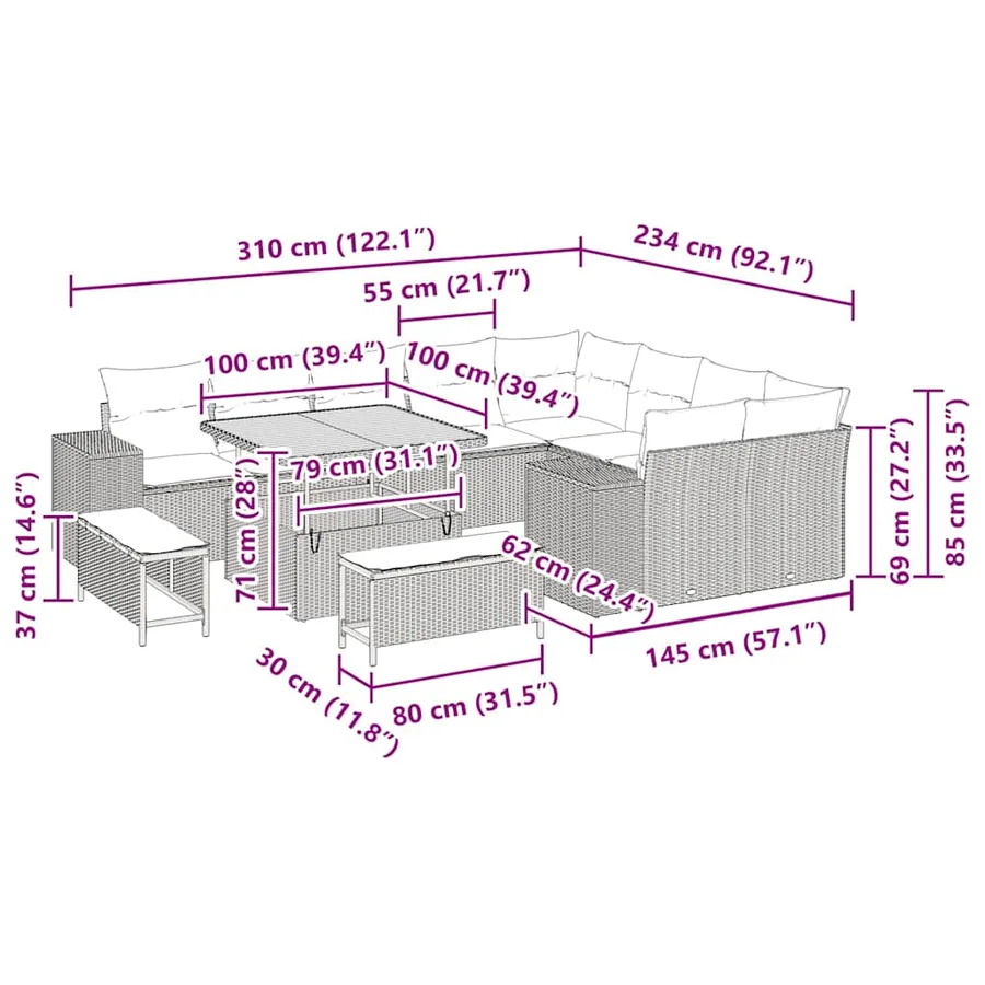 Ensemble de canapé de jardin avec coussin 12 pcs Noir et Crème - 18