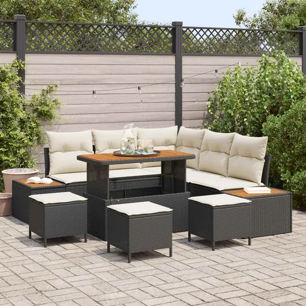 Ensemble de canapé de jardin avec coussin 9 pcs Noir et Crème