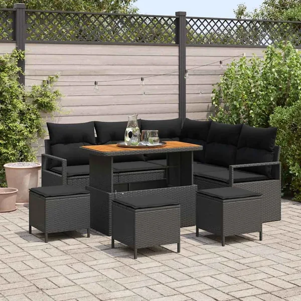 Ensemble de canapé de jardin avec coussin 9 pcs Noir polyrotin