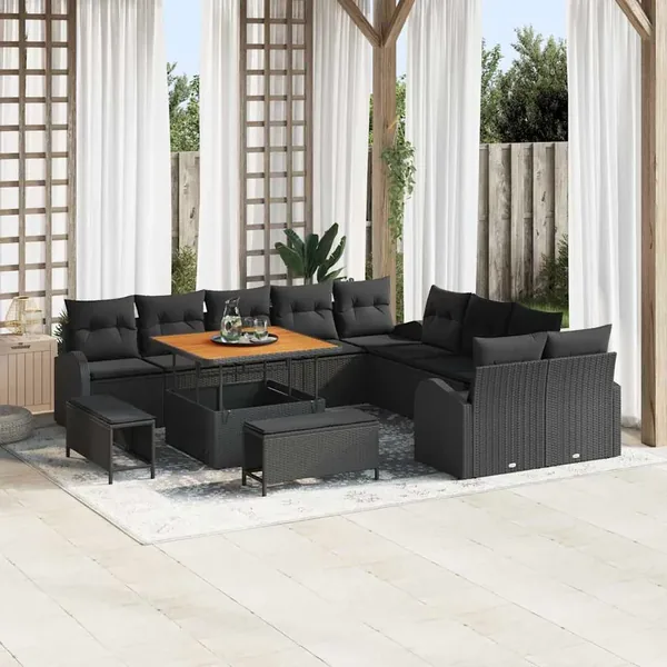 Ensemble de canapé de jardin avec coussin 13 pcs Noir polyrotin