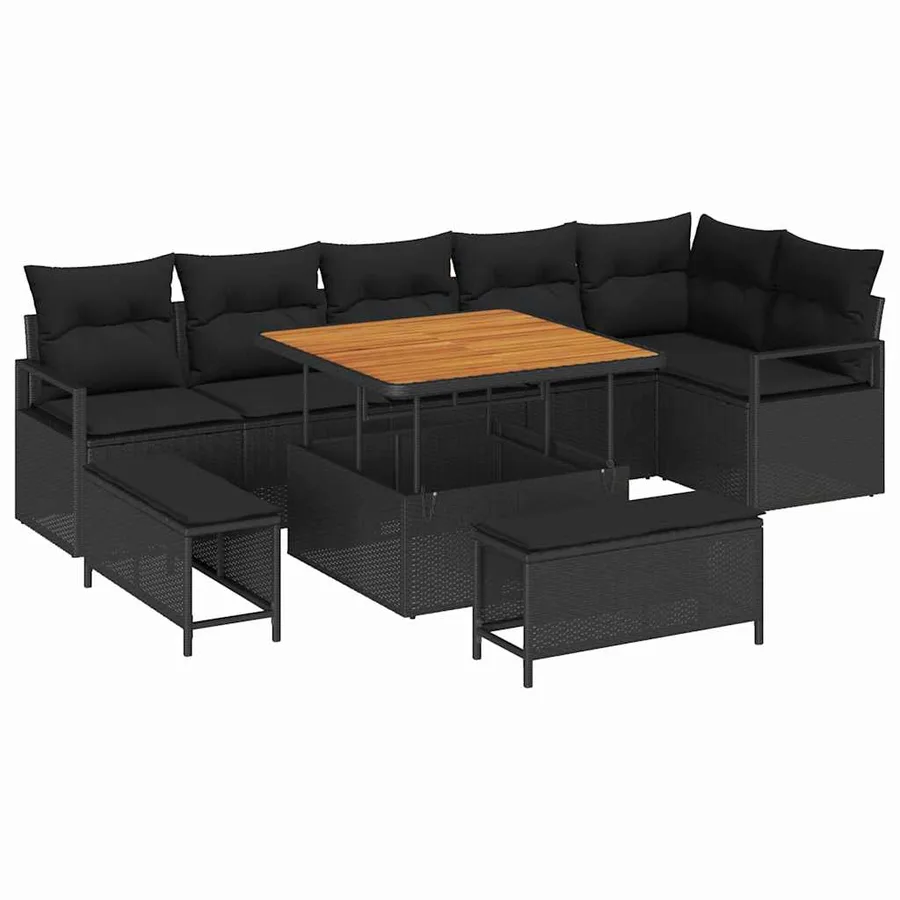 Ensemble de canapé de jardin avec coussin 9 pcs Noir Poly rotin - 2