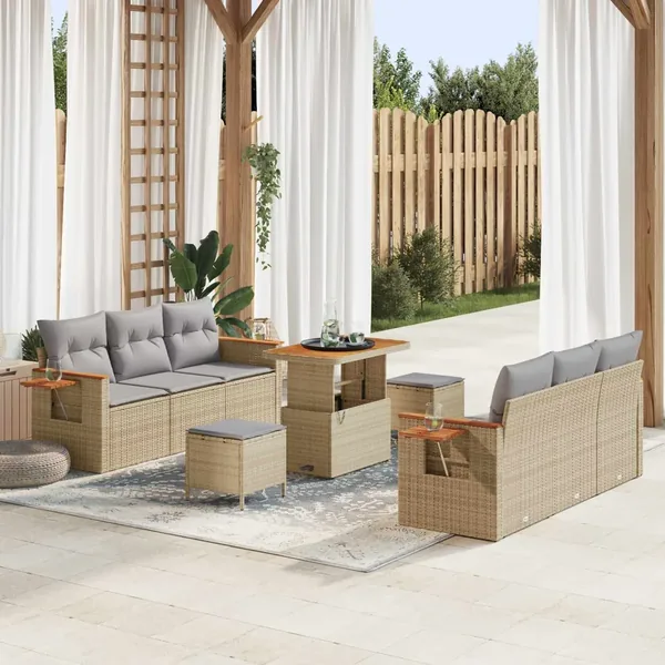 Ensemble de canapé de jardin 9 pcs Beige polyrotin