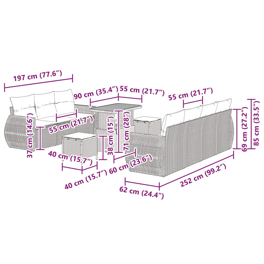 Ensemble de canapé de jardin avec coussin 10 pcs Noir polyrotin - 12