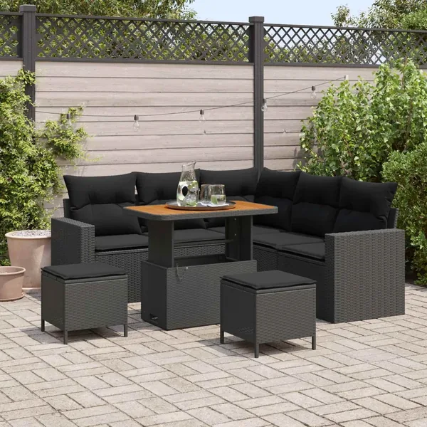 Ensemble de canapé de jardin avec coussin 9 pcs Noir polyrotin