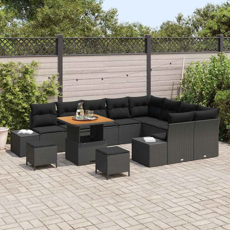 Ensemble de canapé de jardin avec coussin 12 pcs Noir polyrotin - 3