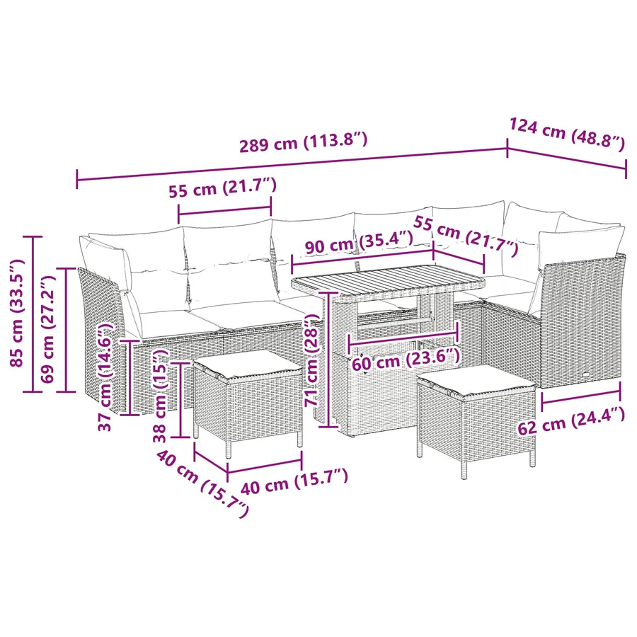 Ensemble de canapé de jardin 9 pcs Noir 90 x 55 x 71 cm - 12