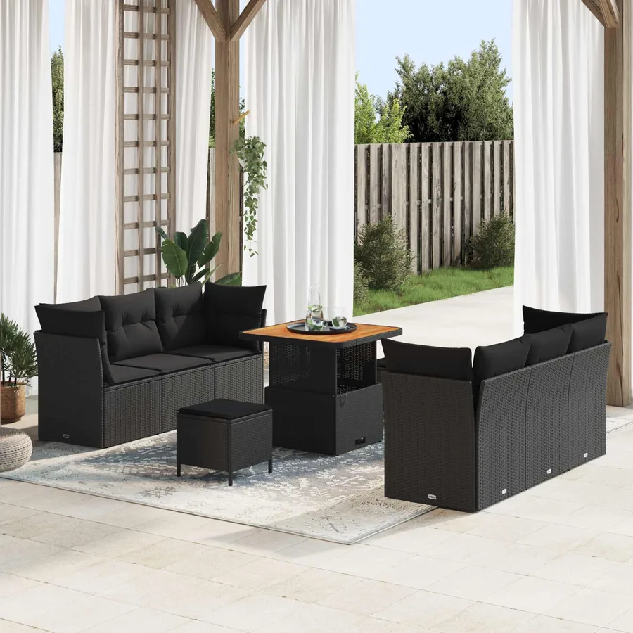 Ensemble de canapé de jardin avec coussin 9 pcs Noir polyrotin