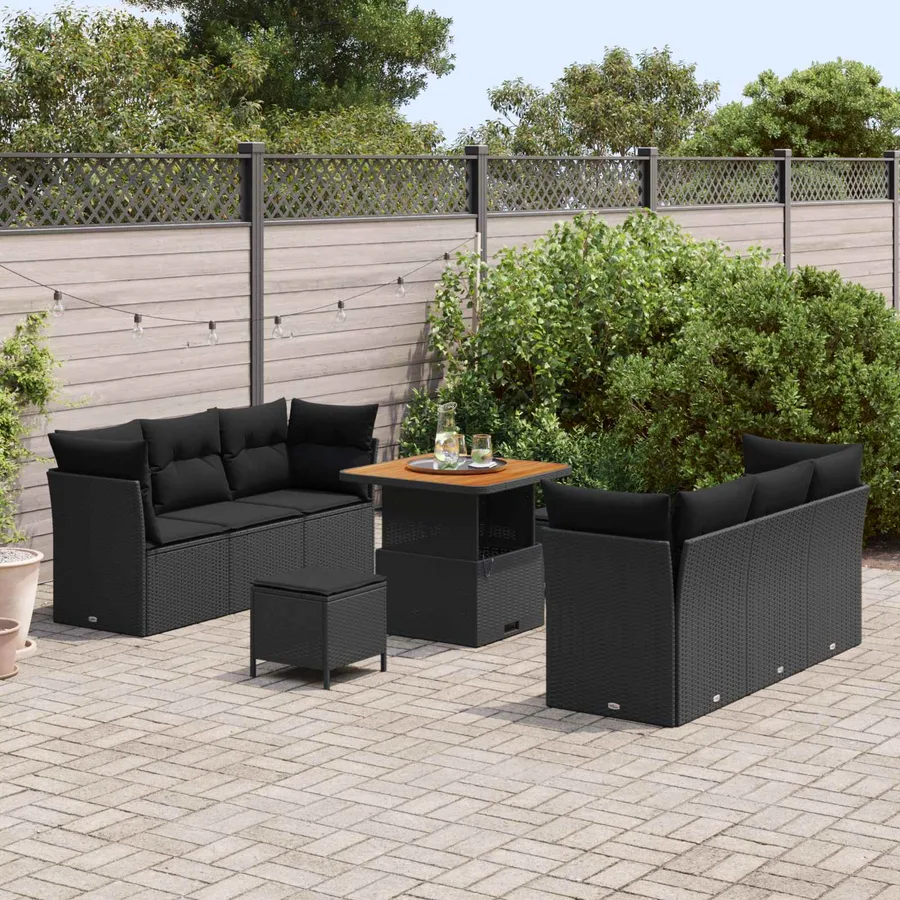 Ensemble de canapé de jardin avec coussin 9 pcs Noir polyrotin - 3