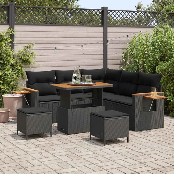 Ensemble de canapé de jardin avec coussin 9 pcs Noir polyrotin