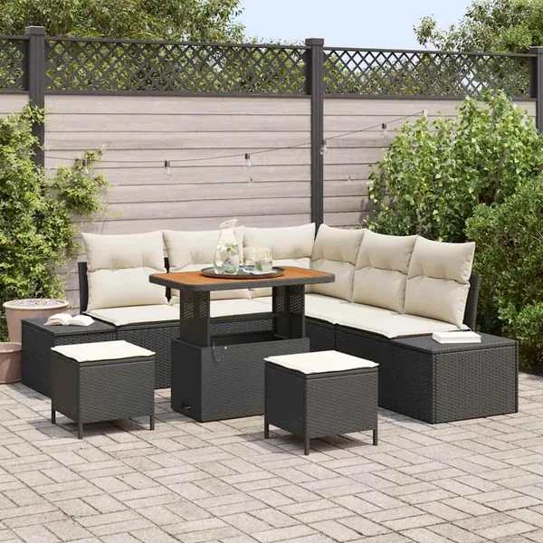 Ensemble de canapé de jardin avec coussin 8 pcs Noir Poly rotin