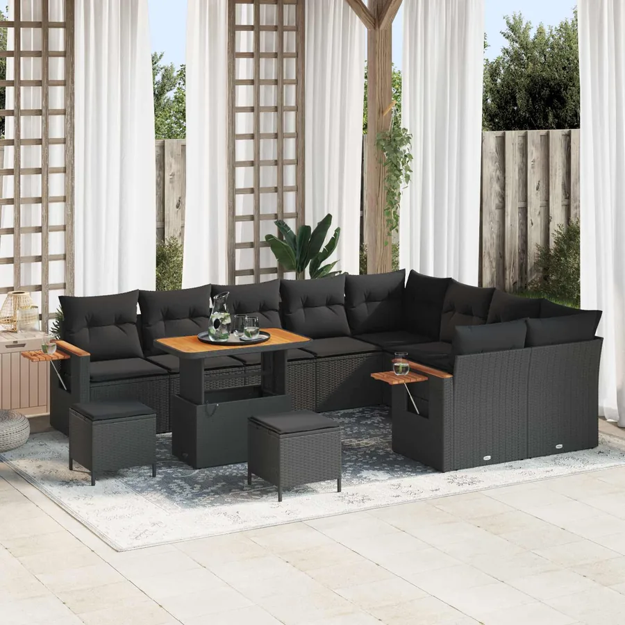 Ensemble de canapé de jardin avec coussin 13 pcs Noir polyrotin