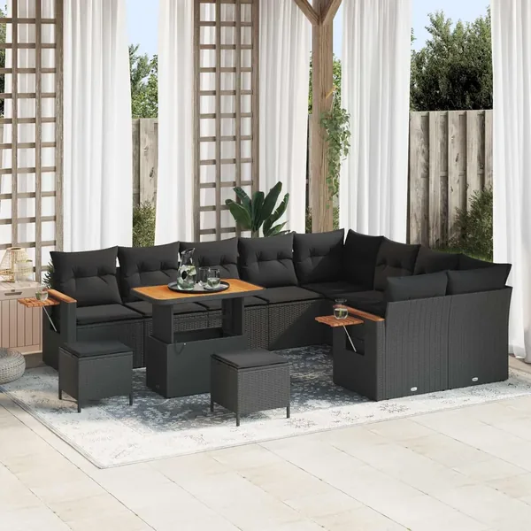 Ensemble de canapé de jardin avec coussin 13 pcs Noir polyrotin
