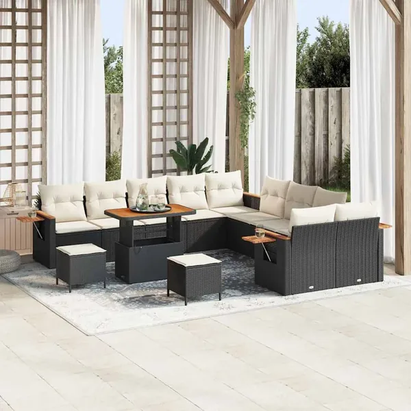 Ensemble de canapé de jardin 17 pcs Noir et Crème polyrotin