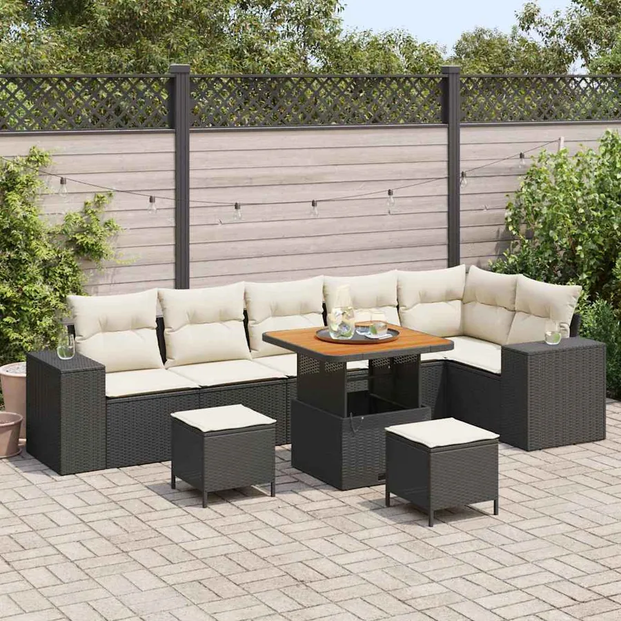 Ensemble de canapé de jardin 9 pcs Noir et Crème polyrotin
