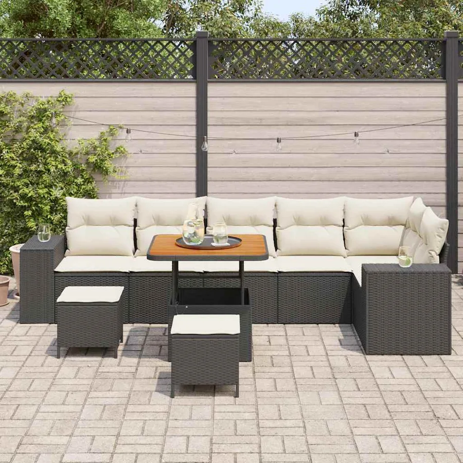 Ensemble de canapé de jardin 9 pcs Noir et Crème polyrotin - 3