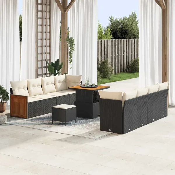 Ensemble de canapé de jardin avec coussin 11 pcs Noir et Crème