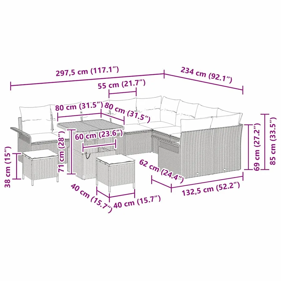 Ensemble de canapé de jardin avec coussin 12 pcs Noir et Crème - 18
