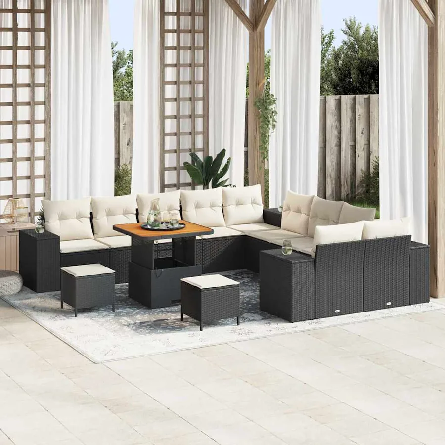 Ensemble de canapé de jardin 13 pcs Noir et Crème polyrotin