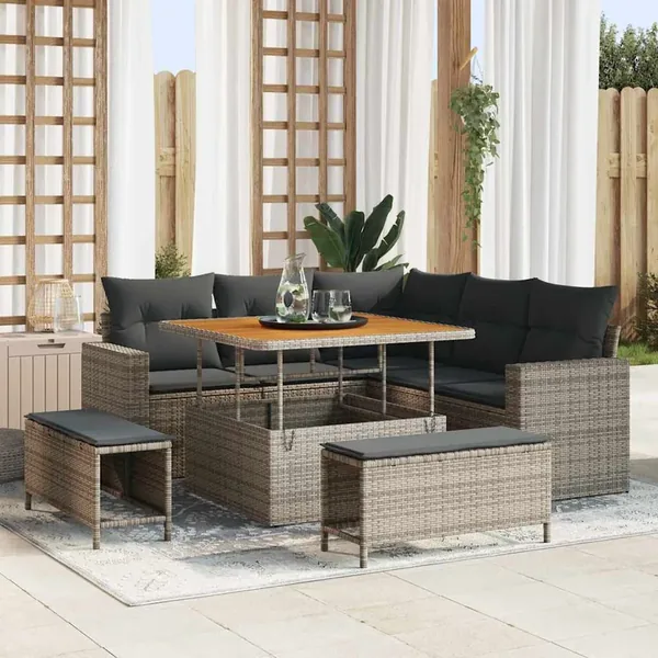 Ensemble de canapé de jardin avec coussin 9 pcs Gris polyrotin