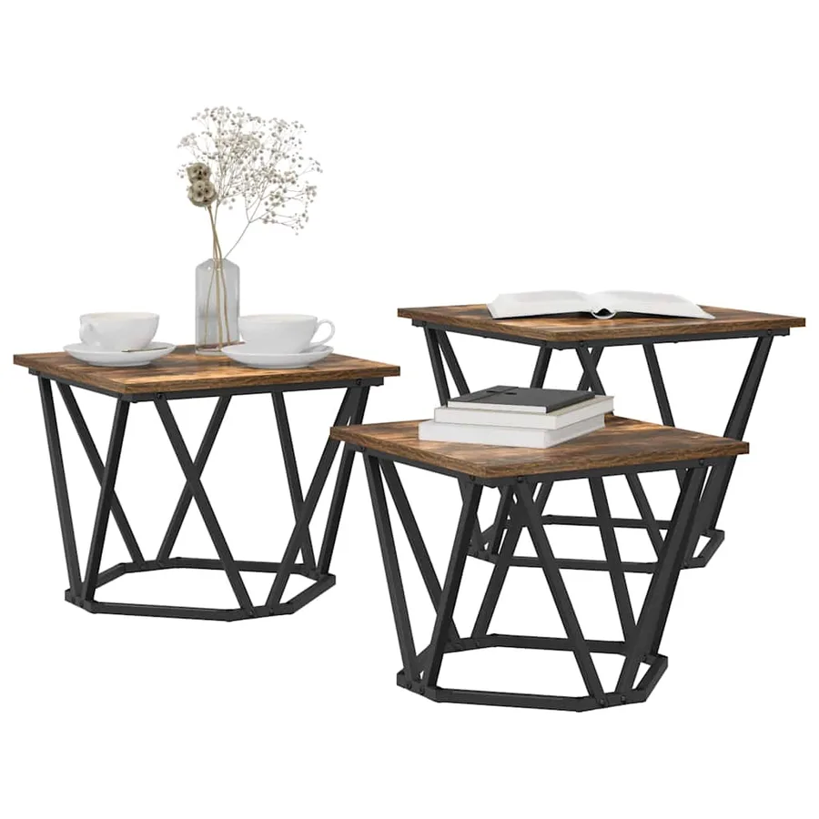 Table basse 3 pcs Chêne fumé Bois d'ingénierie et acier - 3