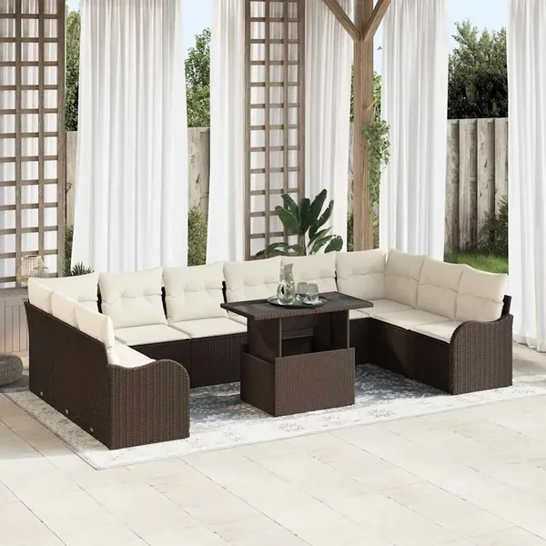 Ensemble de canapé de jardin 11 pcs Marron Poly Rattan
