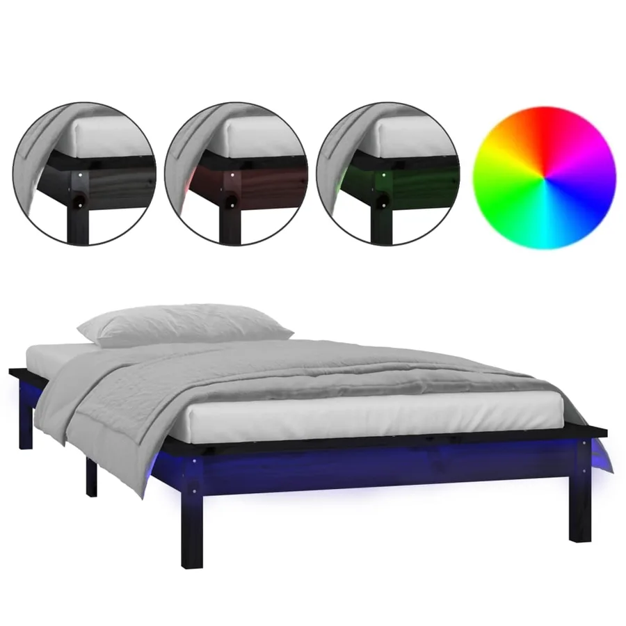 Cadre de lit à LED sans matelas noir 75x190 cm bois massif - 2
