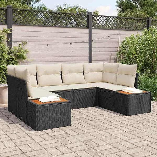 Ensemble de canapé de jardin 6 pcs Noir et Crème Polyrotin
